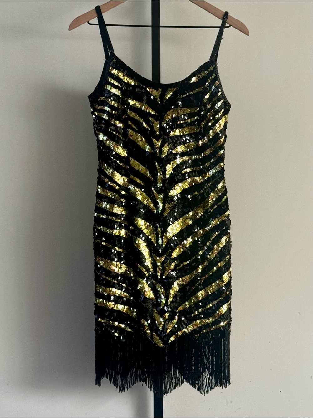 Vintage Lillie Rubin Tiger Strip All Over Sequin Beaded Fringe Dress 100% Silk